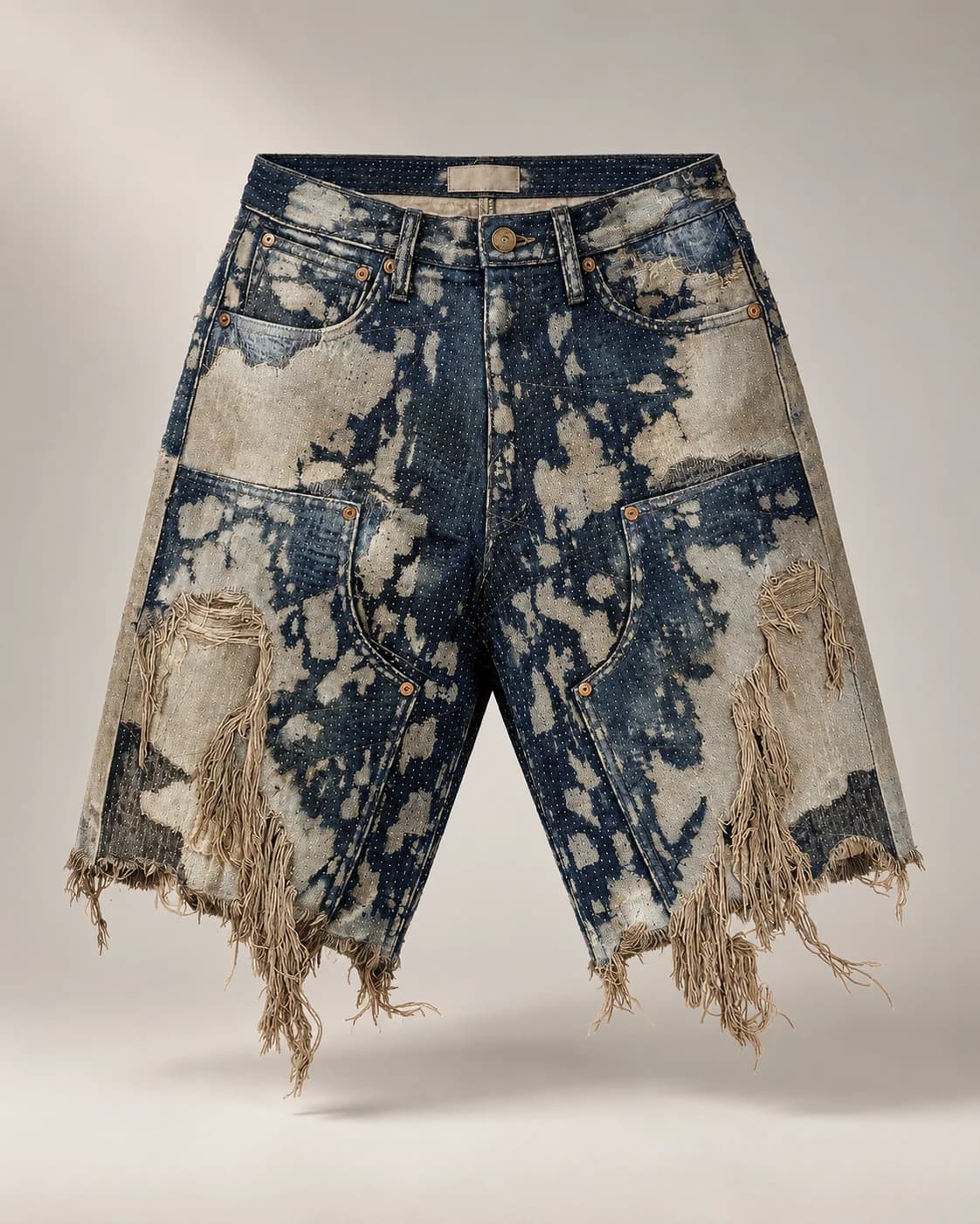 Indigo Bleached Geometric Stitch Shorts · AI custom design visualization