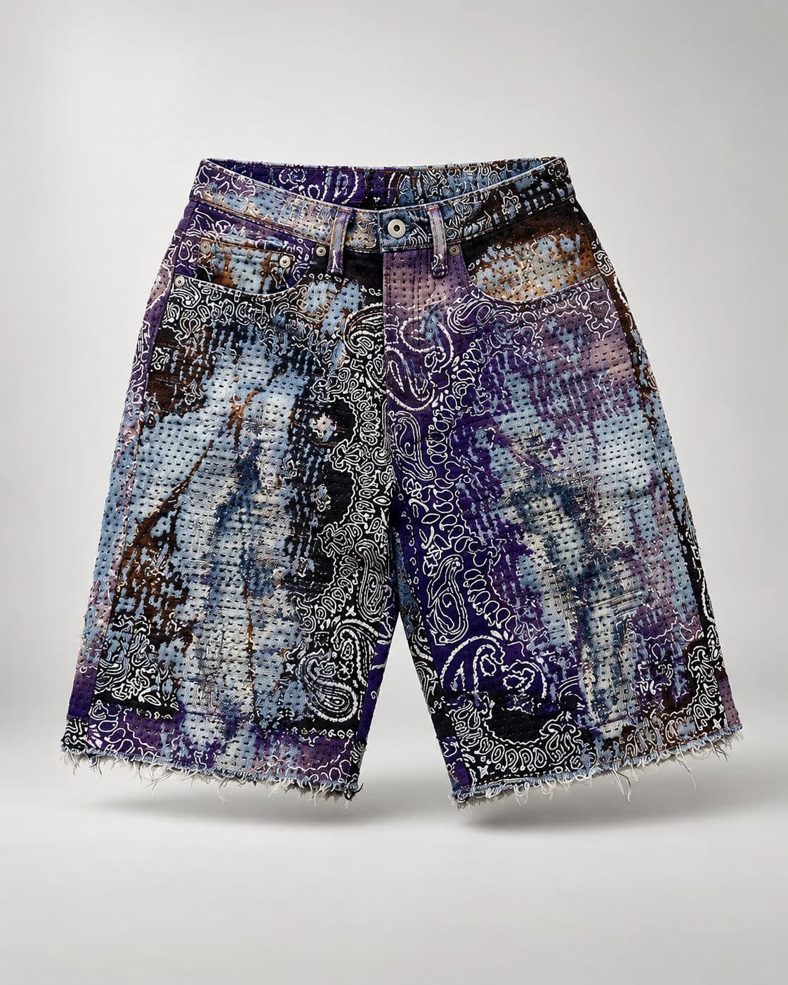 Purple Paisley Stitch Denim Shorts · AI custom design visualization