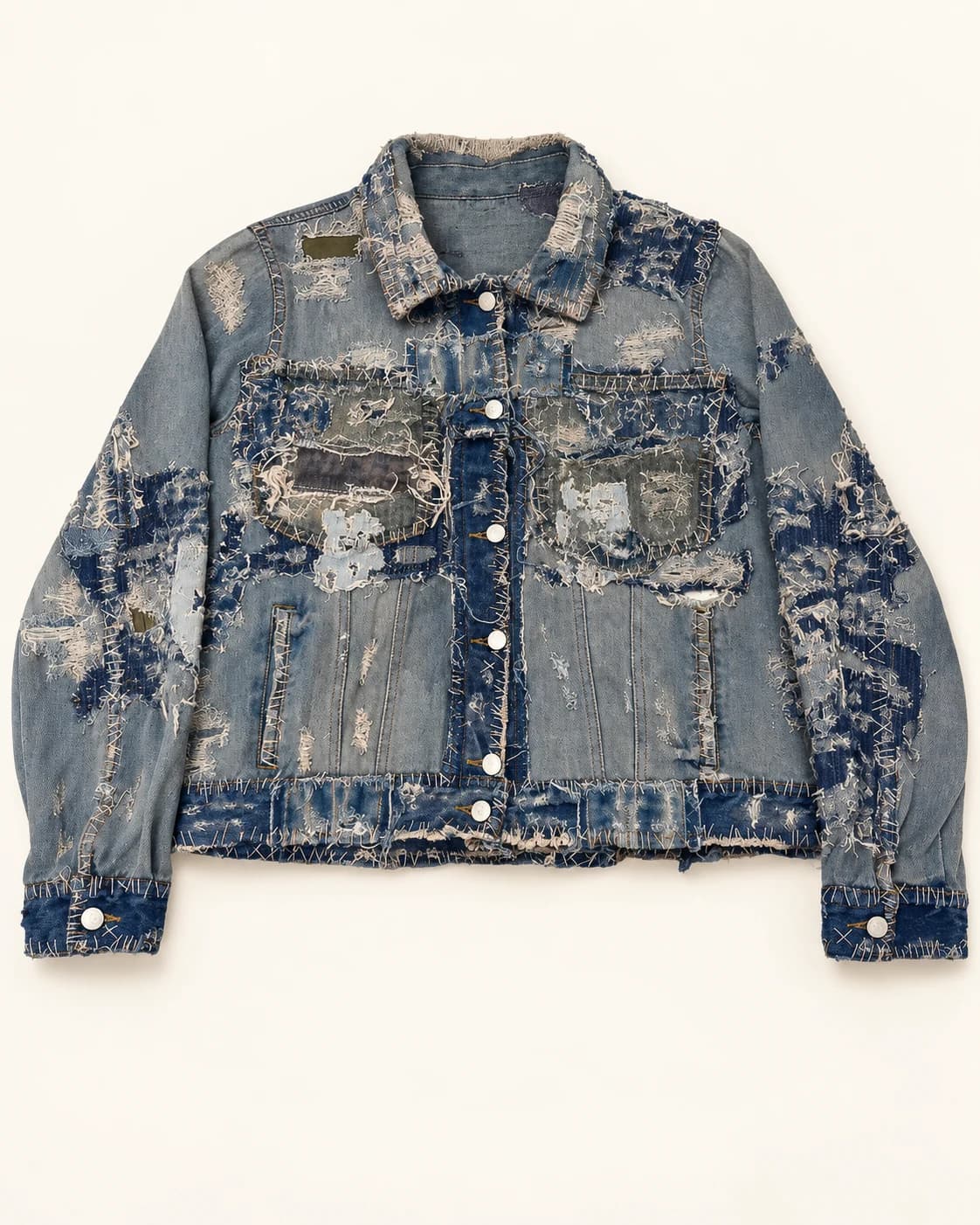 Grey Blue Distressed Patchwork Denim Jacket · AI custom design visualization