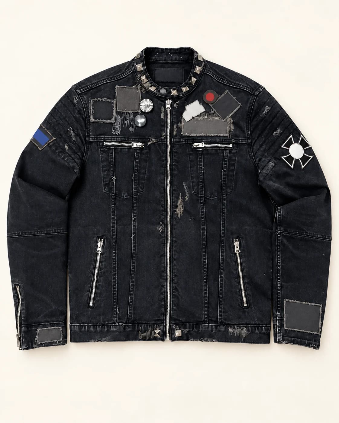 Black Studded Patch Denim Biker Jacket · AI custom design visualization
