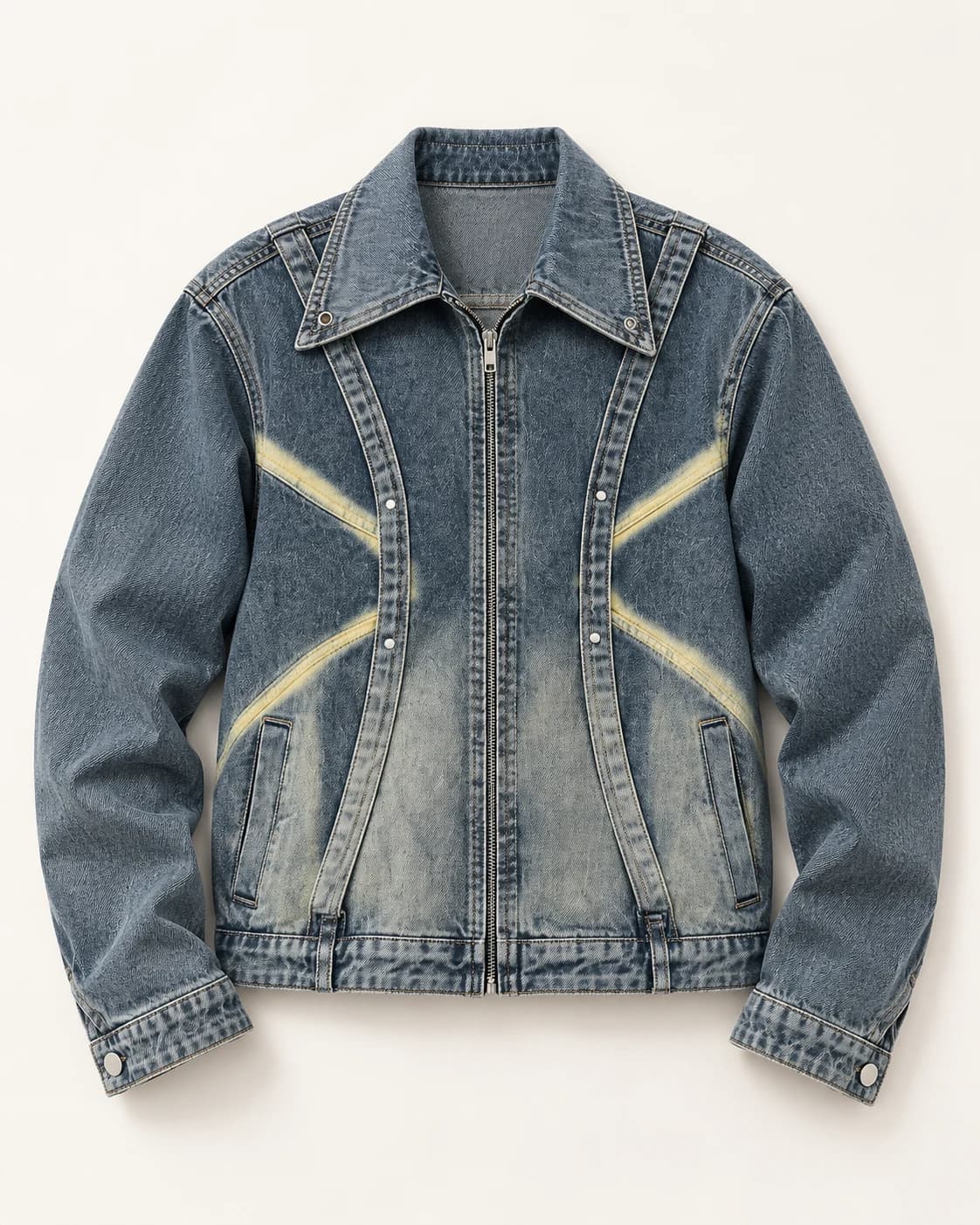 Blue Grey Curved Panel Denim Jacket · AI custom design visualization