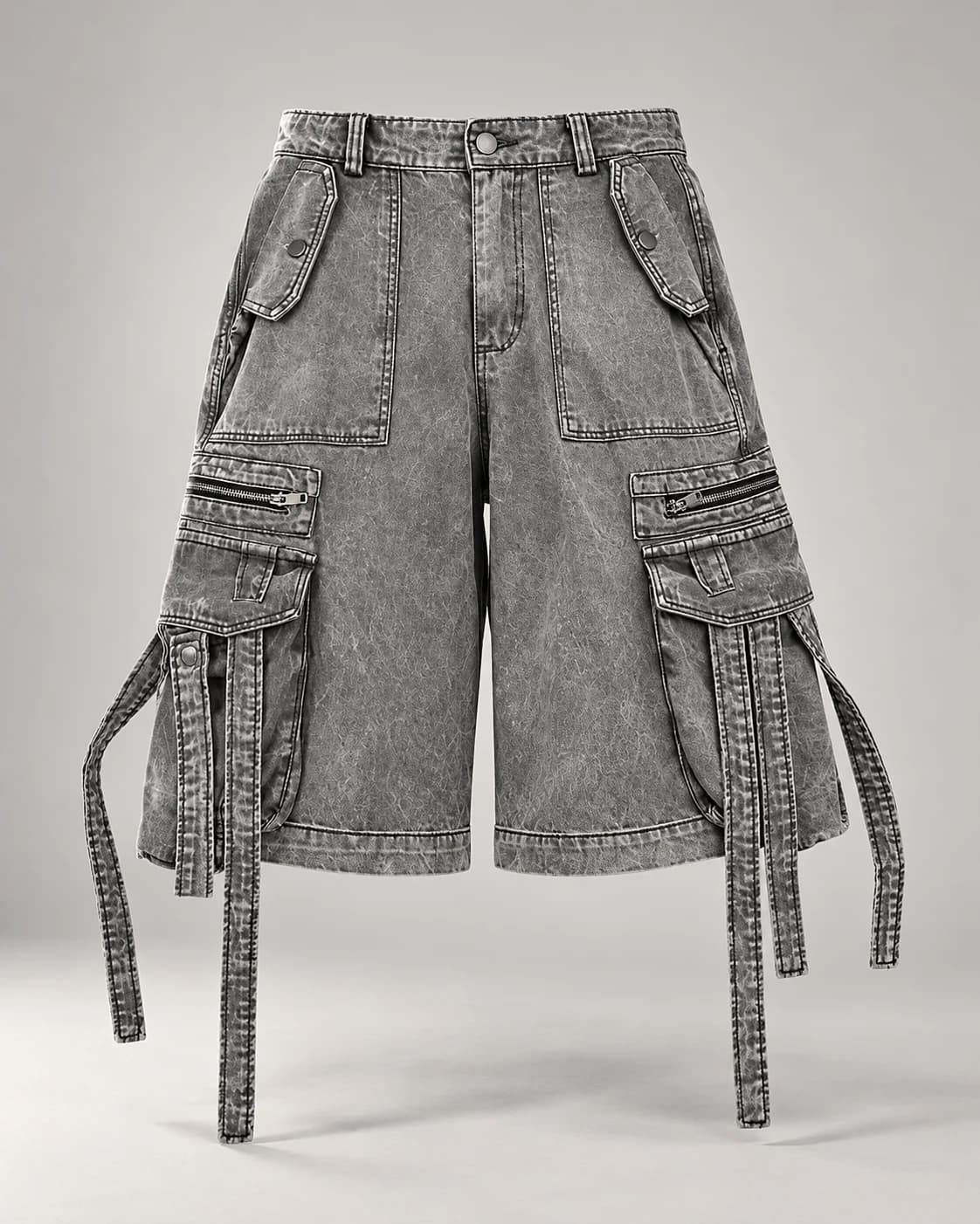 Grey Strap Multi-Pocket Cargo Shorts · AI custom design visualization