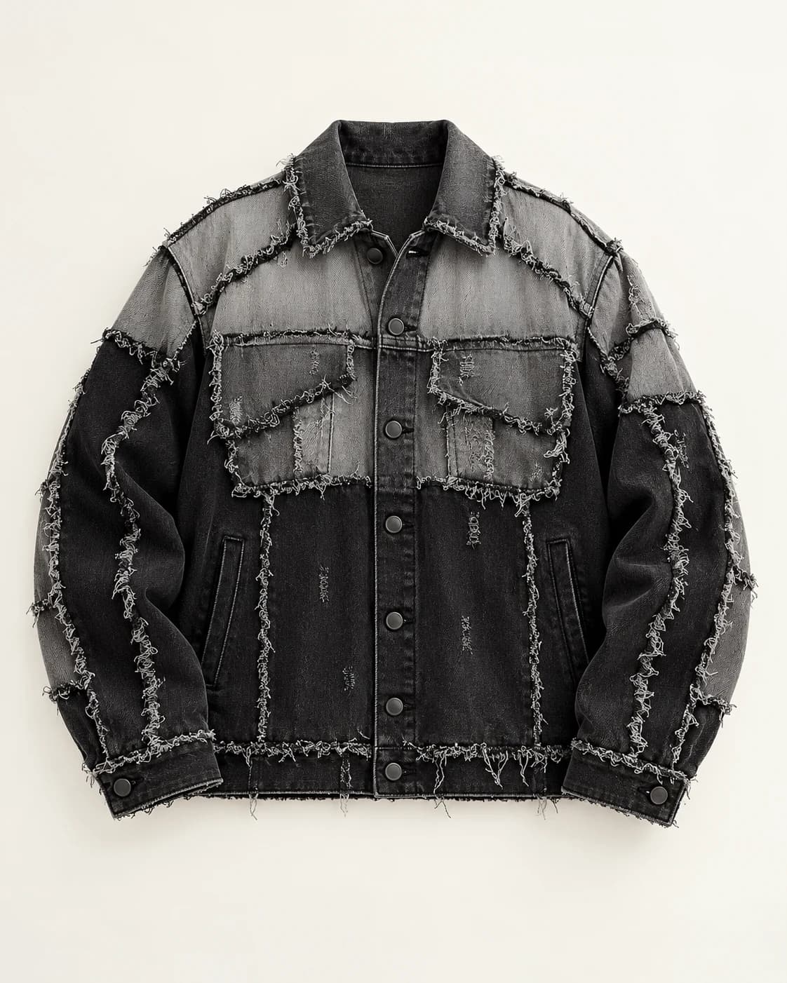 Black and Grey Frayed Panel Denim Jacket · AI custom design visualization