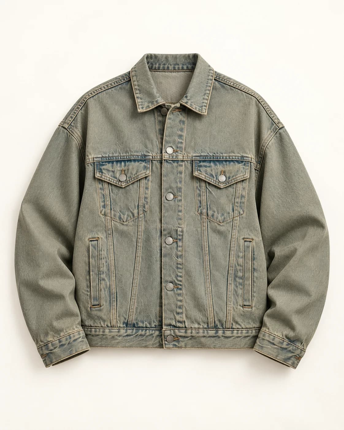 Vintage Grey-Green Washed Denim Jacket · AI custom design visualization