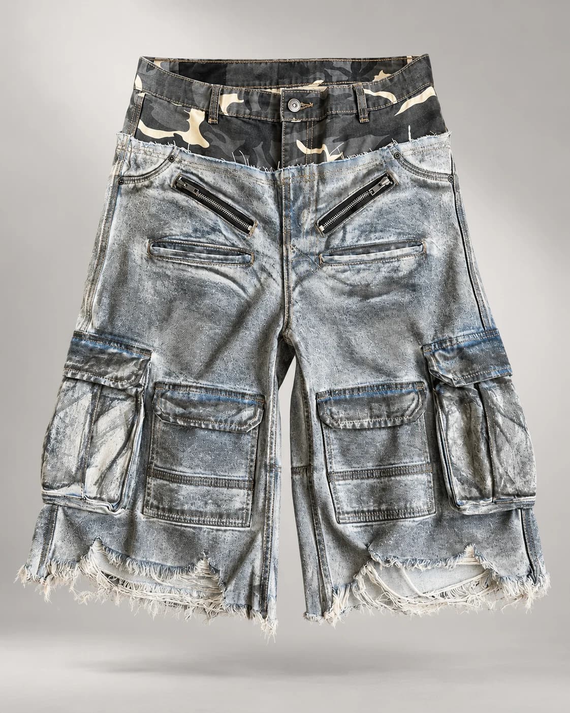 Light Blue Camo Waist Cargo Shorts · AI custom design visualization