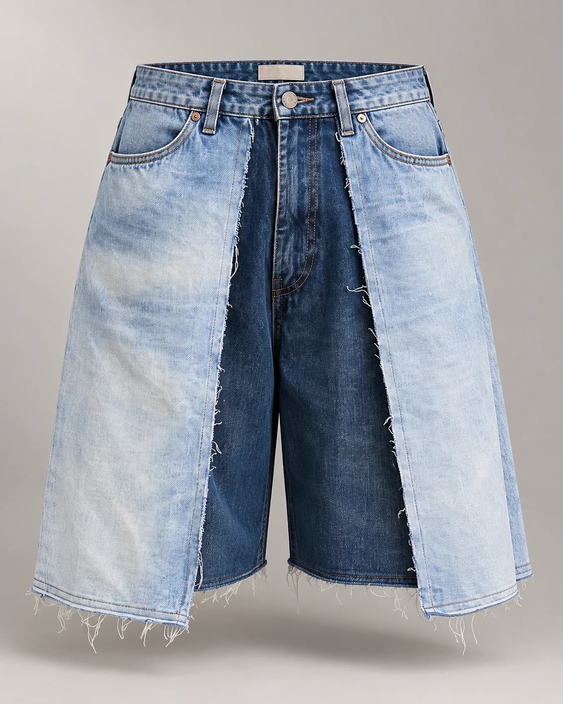 Two-Tone Blue Layered Denim Shorts · AI custom design visualization