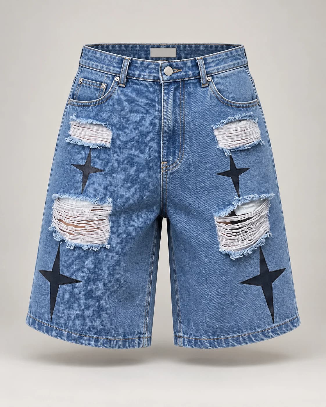 Light Blue Star Patch Ripped Shorts · AI custom design visualization