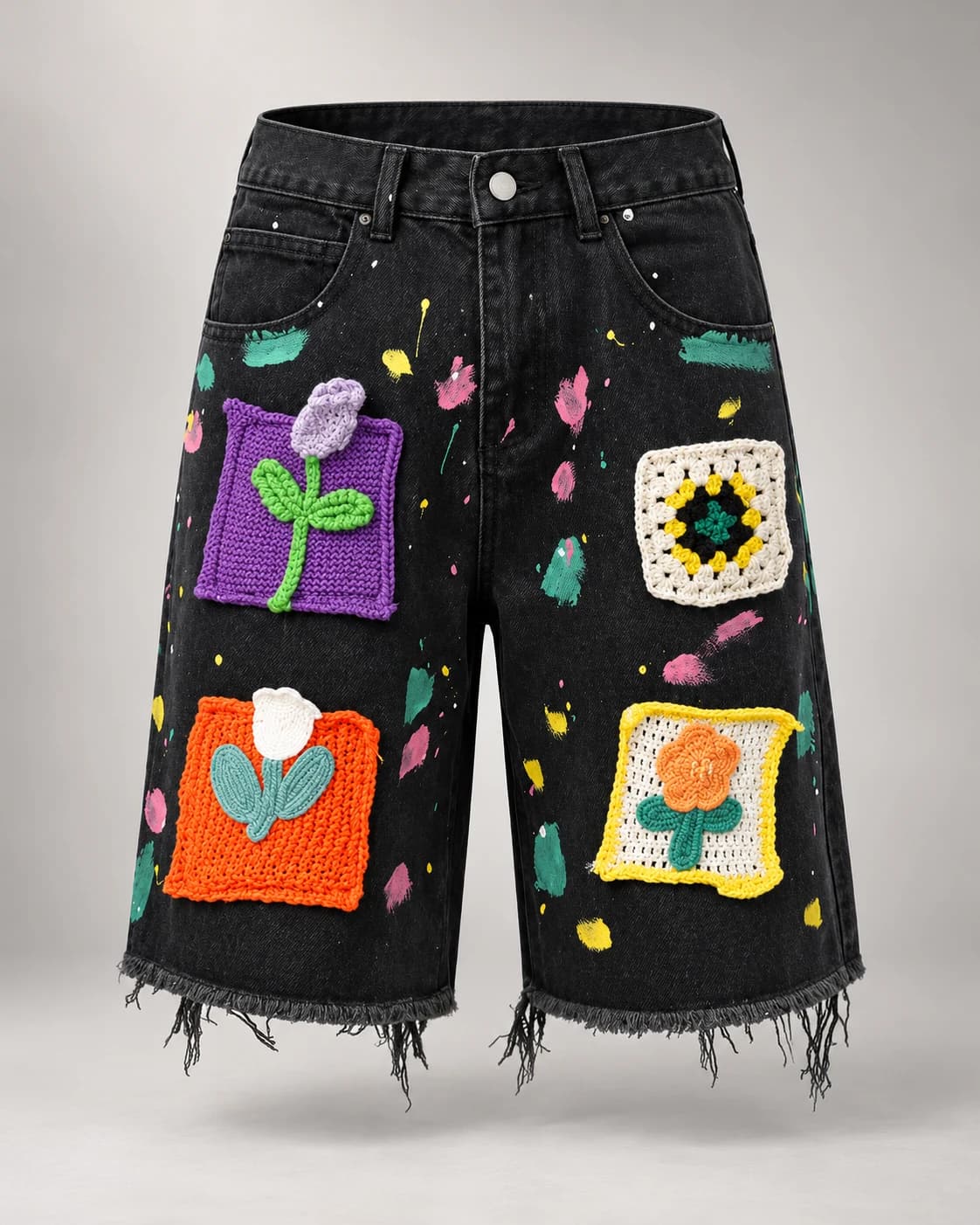 Black Floral Patch Denim Shorts · AI custom design visualization