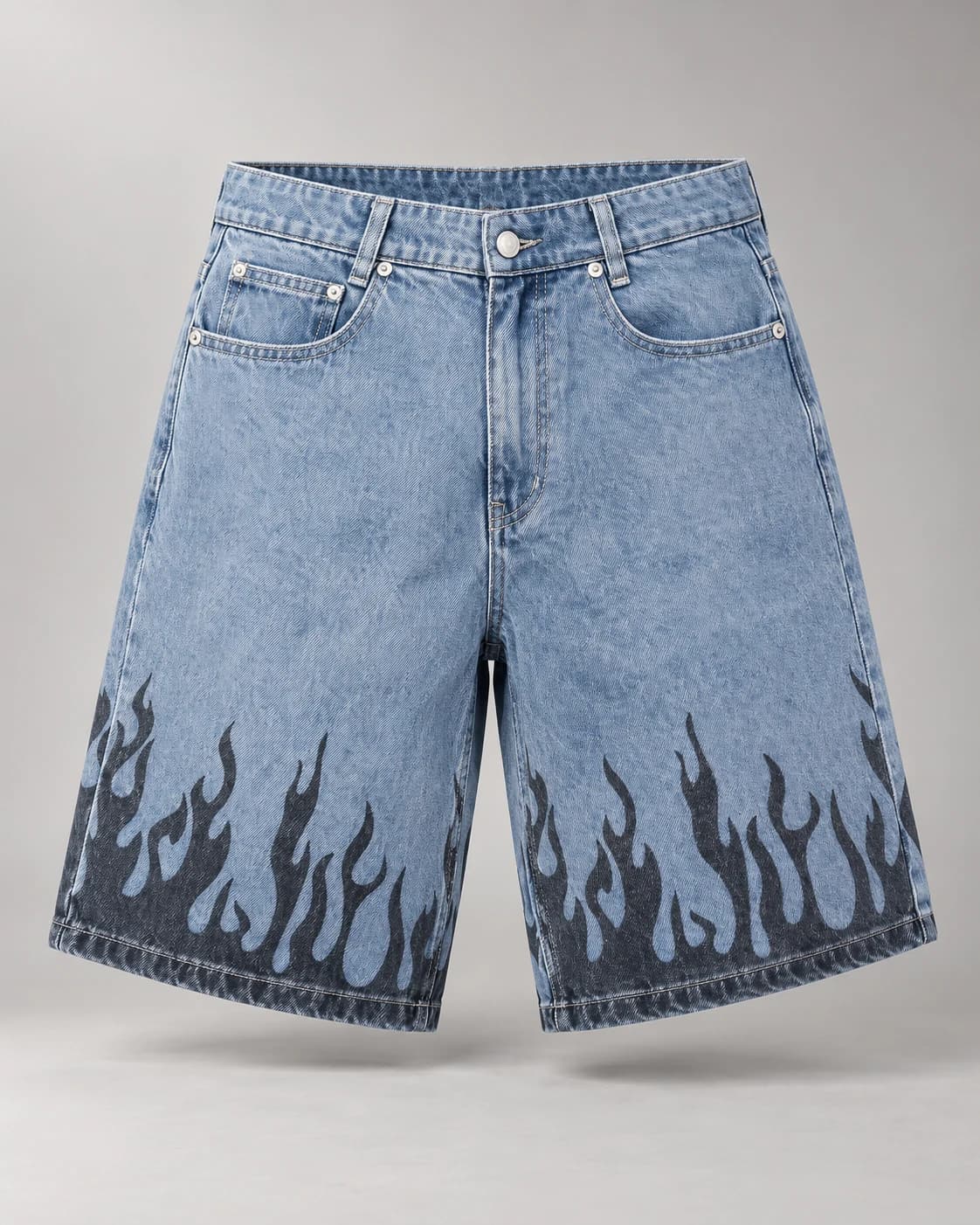 Light Blue Flame Print Denim Shorts · AI custom design visualization