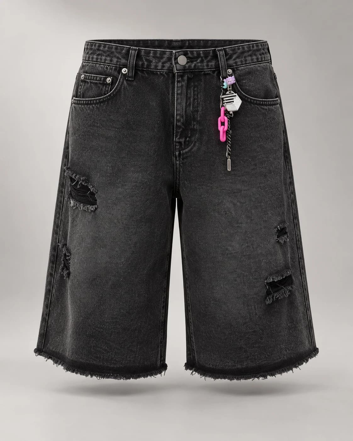 Black Minimal Distressed Denim Shorts · AI custom design visualization