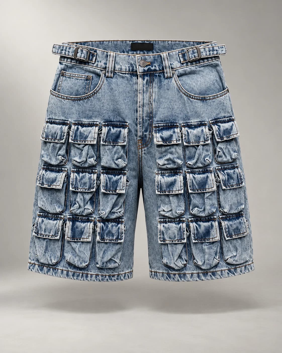 Light Blue Multi-Pocket Denim Shorts · AI custom design visualization