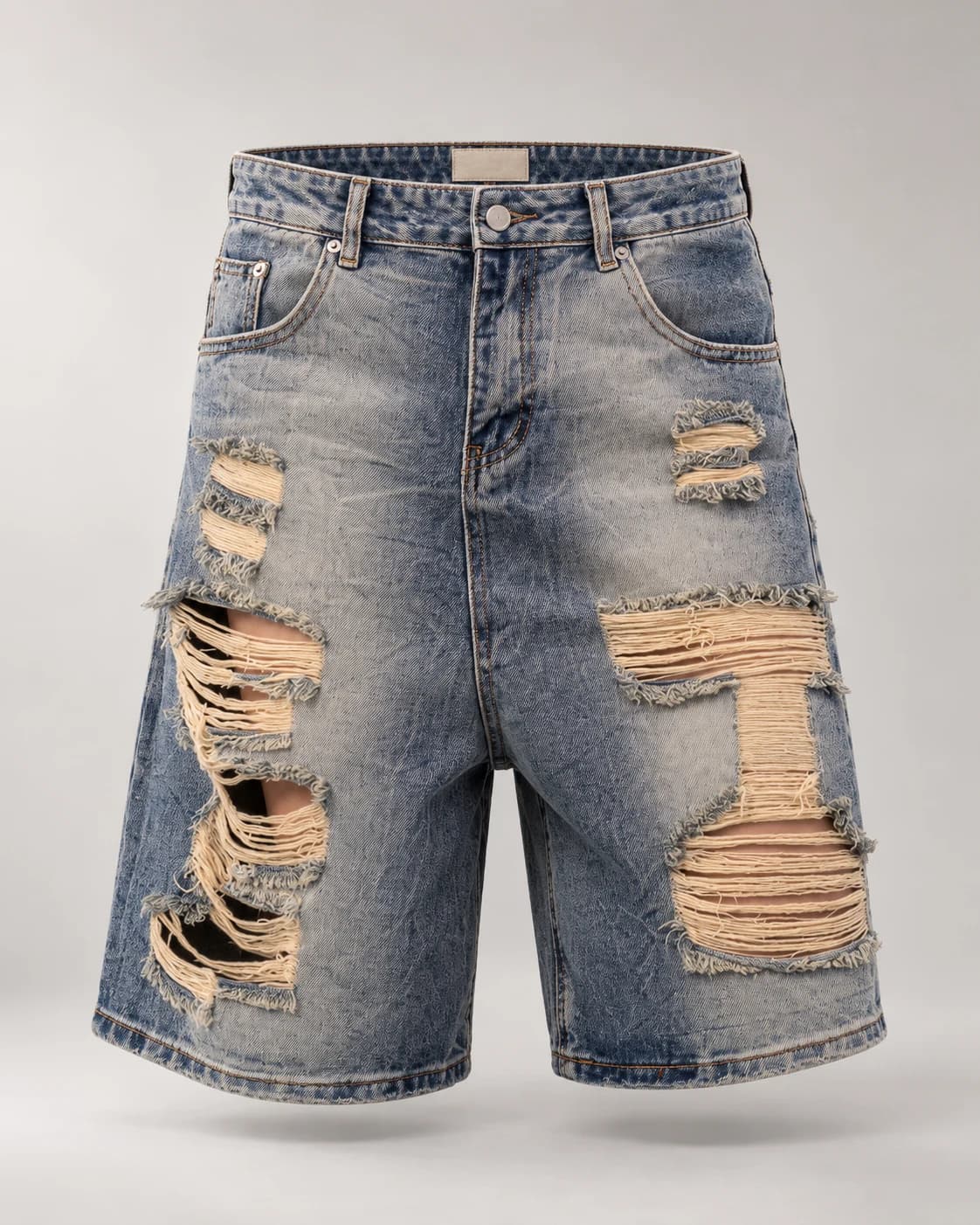 Light Blue Heavily Distressed Shorts · AI custom design visualization