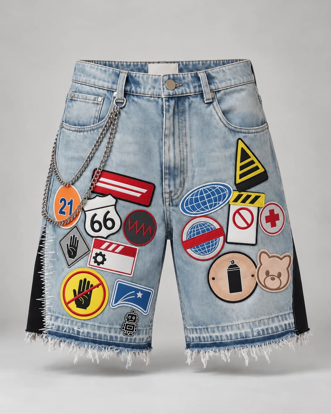 Light Blue Badge Patch Denim Shorts · AI custom design visualization