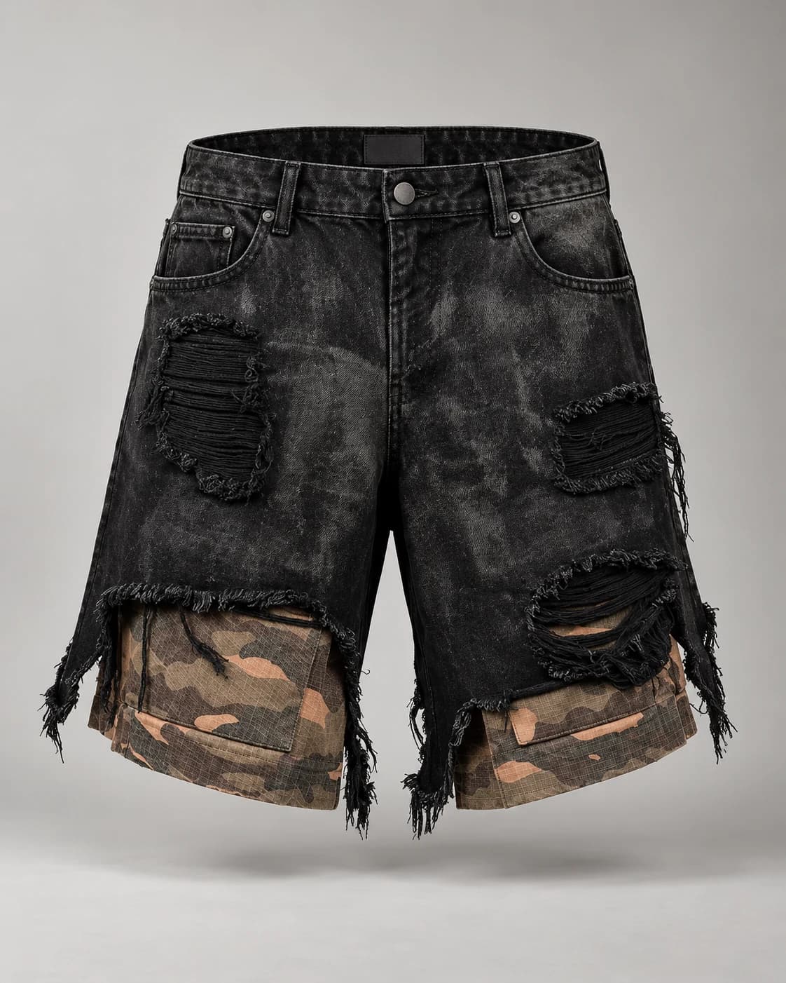 Black Camo Layer Distressed Shorts · AI custom design visualization