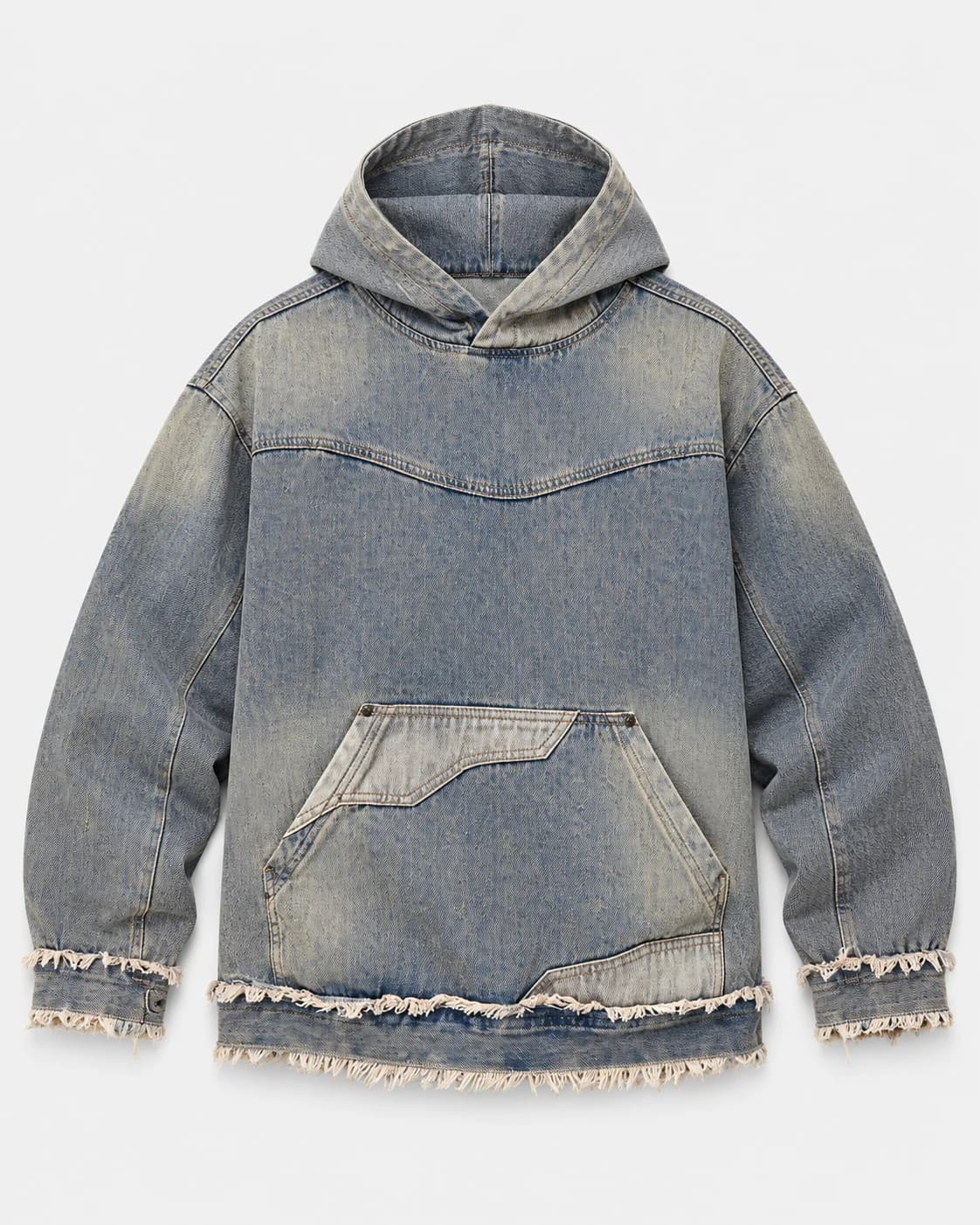 Grey Blue Frayed Pocket Denim Hoodie · AI custom design visualization