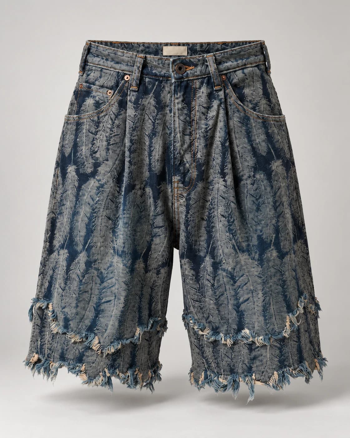 Feather Texture Frayed Denim Shorts · AI custom design visualization