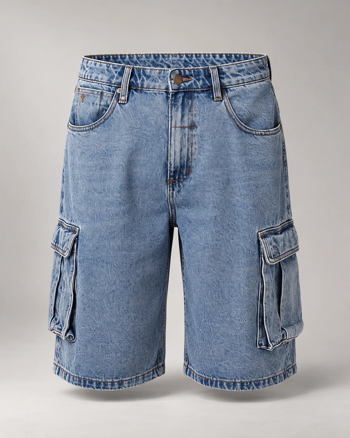 Vintage Light Blue Cargo Denim Shorts · AI custom design visualization