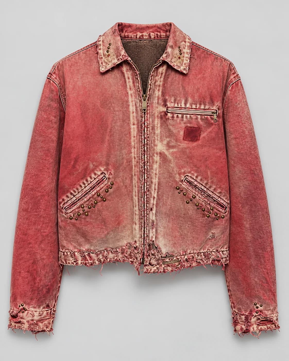 Red Studded Distressed Denim Jacket · AI custom design visualization