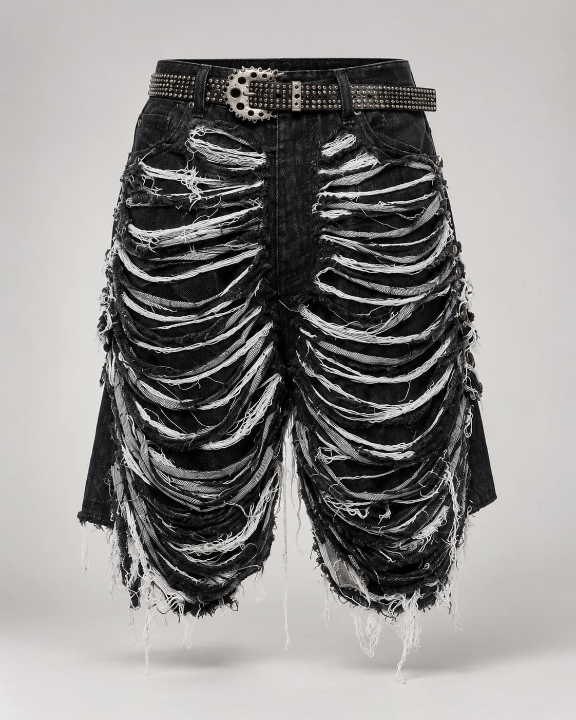 Black Shredded Fringe Denim Shorts · AI custom design visualization