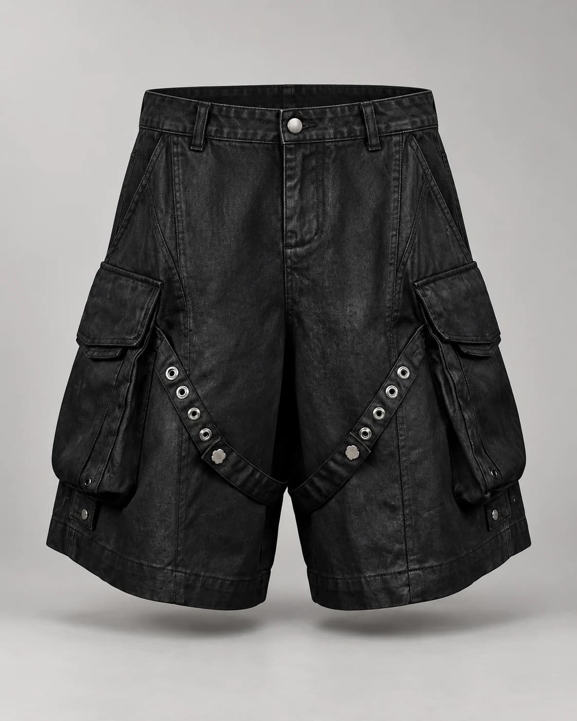 Black Eyelet Strap Cargo Shorts · AI custom design visualization