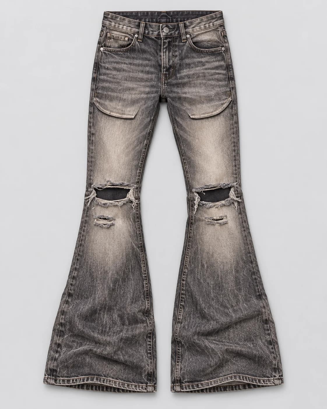 Ash Grey Distressed Flap-Pocket Flared Jeans · AI custom design visualization