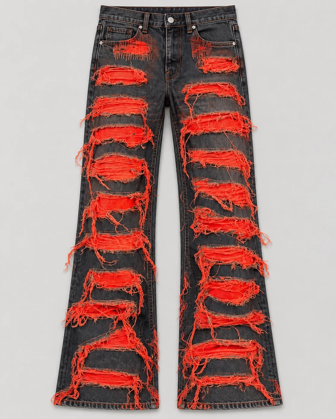 Black and Red Frayed Patchwork Flared Jeans · AI custom design visualization