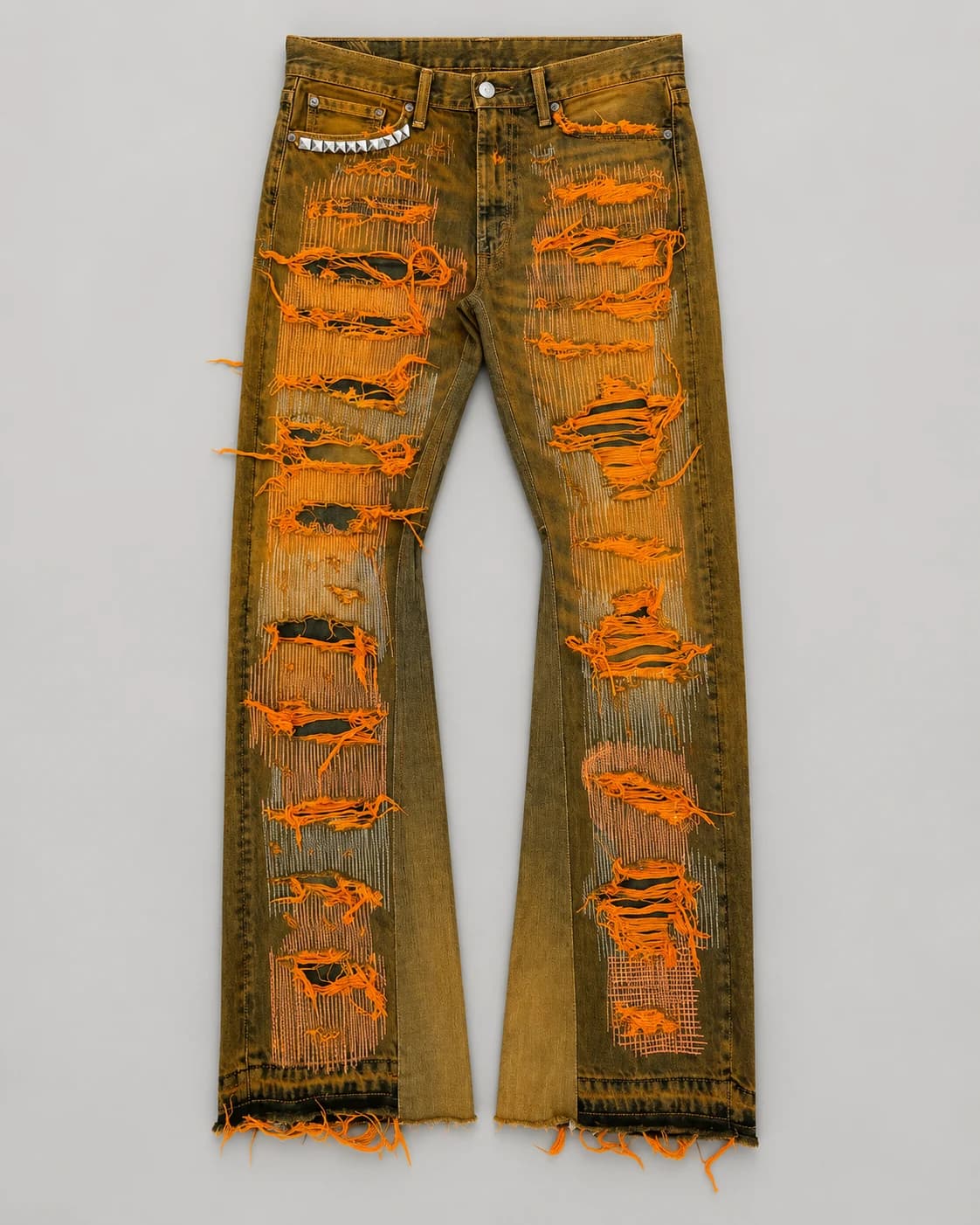 Mud Yellow Distressed Flared Jeans · AI custom design visualization