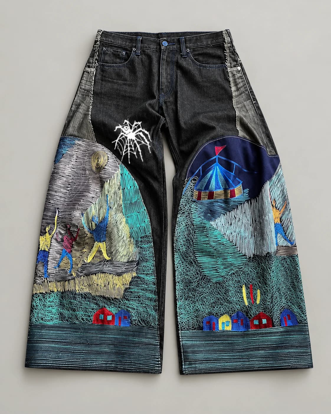 Black Wide-Leg Jeans with Teal Embroidery · AI custom design visualization