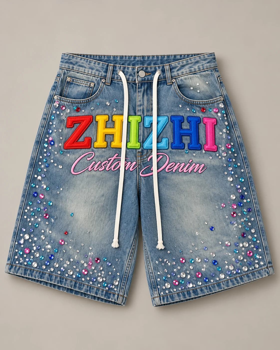 Colour Applique Rhinestone Denim Shorts · AI custom design visualization