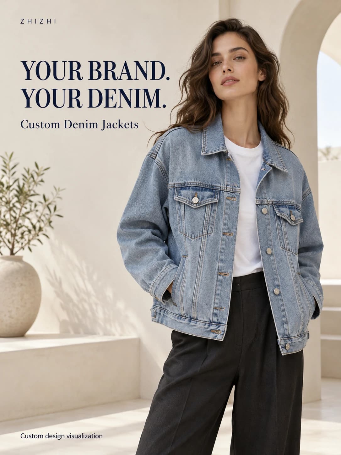 Women's Light Wash Relaxed Denim Jacket — Custom Enquiry · AI custom design visualization