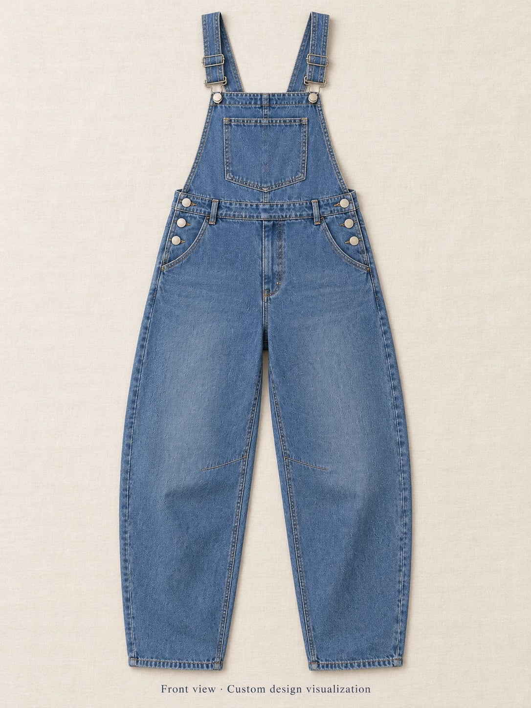 Women’s Blue Barrel-Leg Denim Overalls for Custom Development — front — custom design visualization