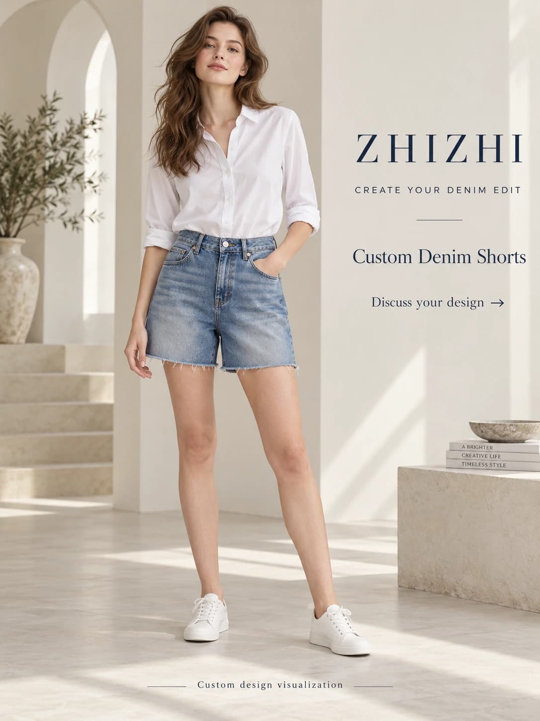 Women's Blue High Waist Raw Hem Denim Shorts Custom Development · AI custom design visualization