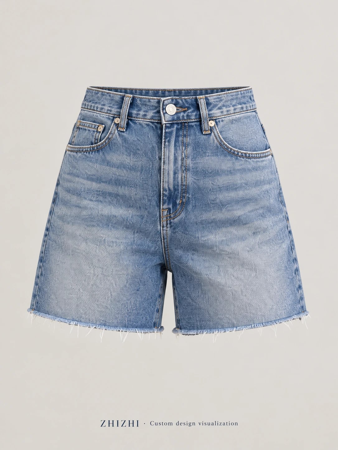Women's Blue High Waist Raw Hem Denim Shorts Custom Development — front — custom design visualization