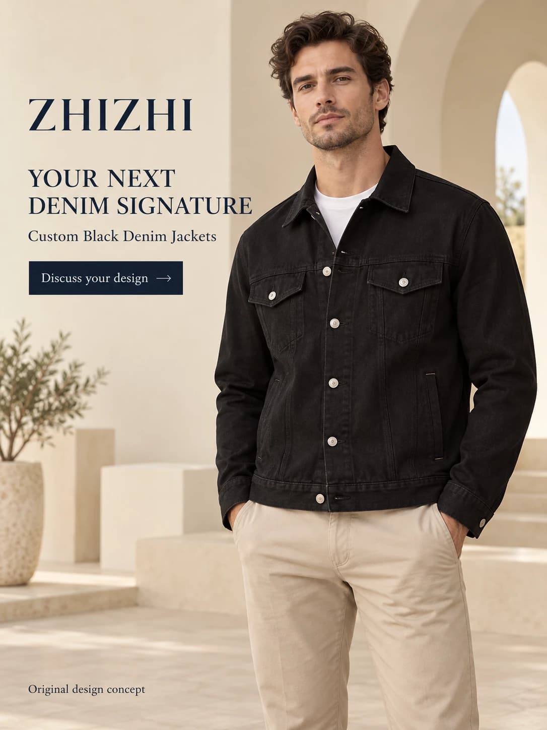 Men’s Black Flap-Pocket Denim Jacket Development · AI custom design visualization