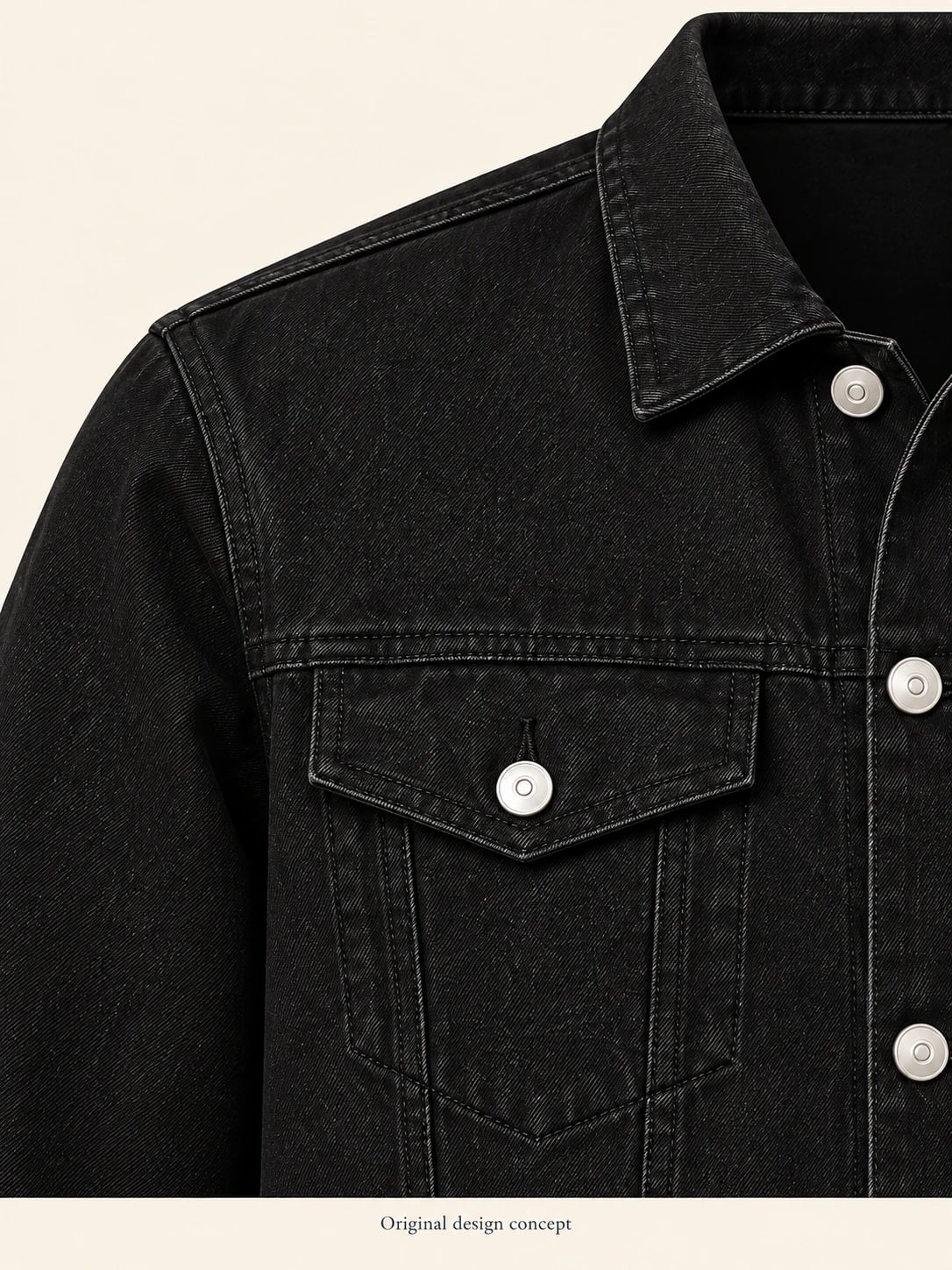 Men’s Black Flap-Pocket Denim Jacket Development — detail — custom design visualization