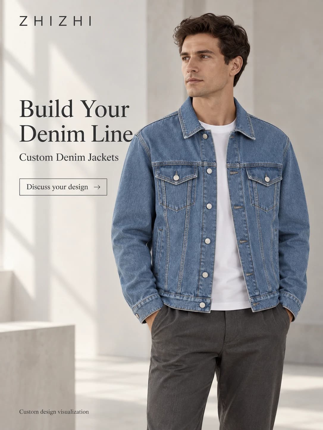 Men’s Blue Denim Trucker Jacket Custom Development · AI custom design visualization