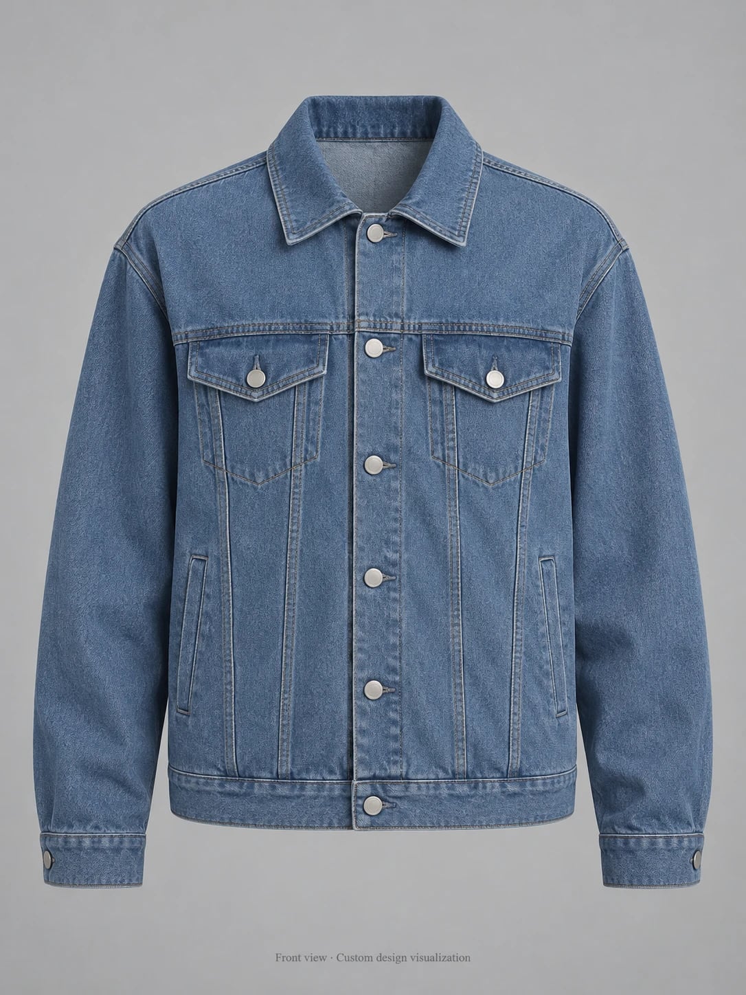 Men’s Blue Denim Trucker Jacket Custom Development — front — custom design visualization