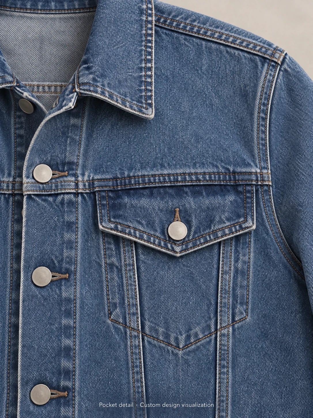 Men’s Blue Denim Trucker Jacket Custom Development — detail — custom design visualization