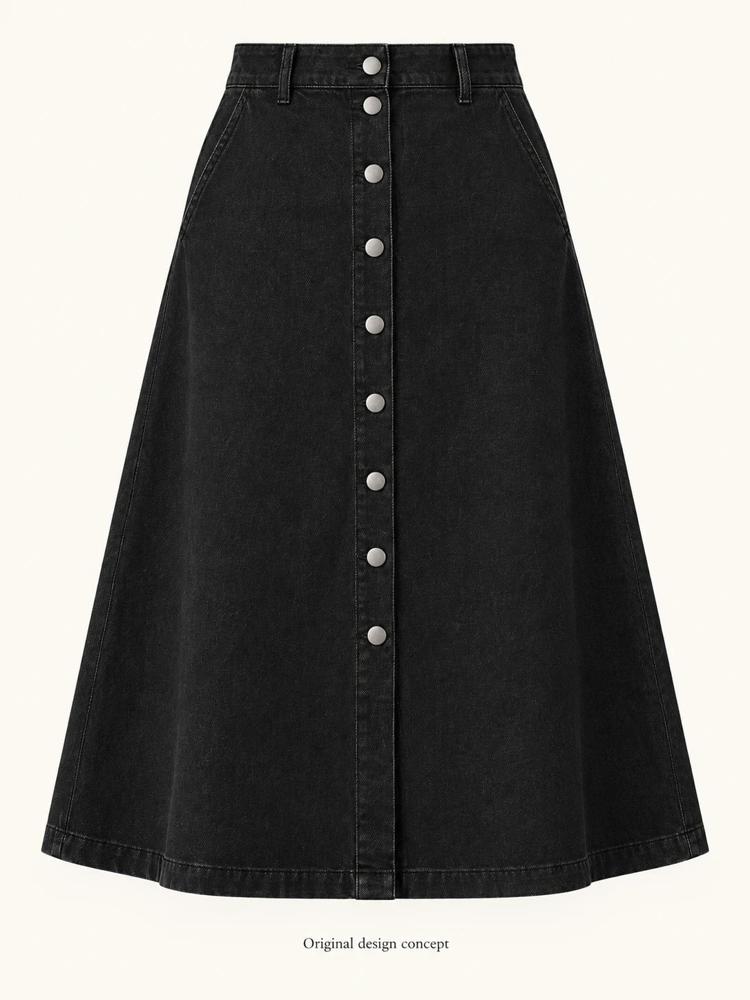 Women’s Black Button-Front A-Line Denim Midi Skirt Development — front — custom design visualization
