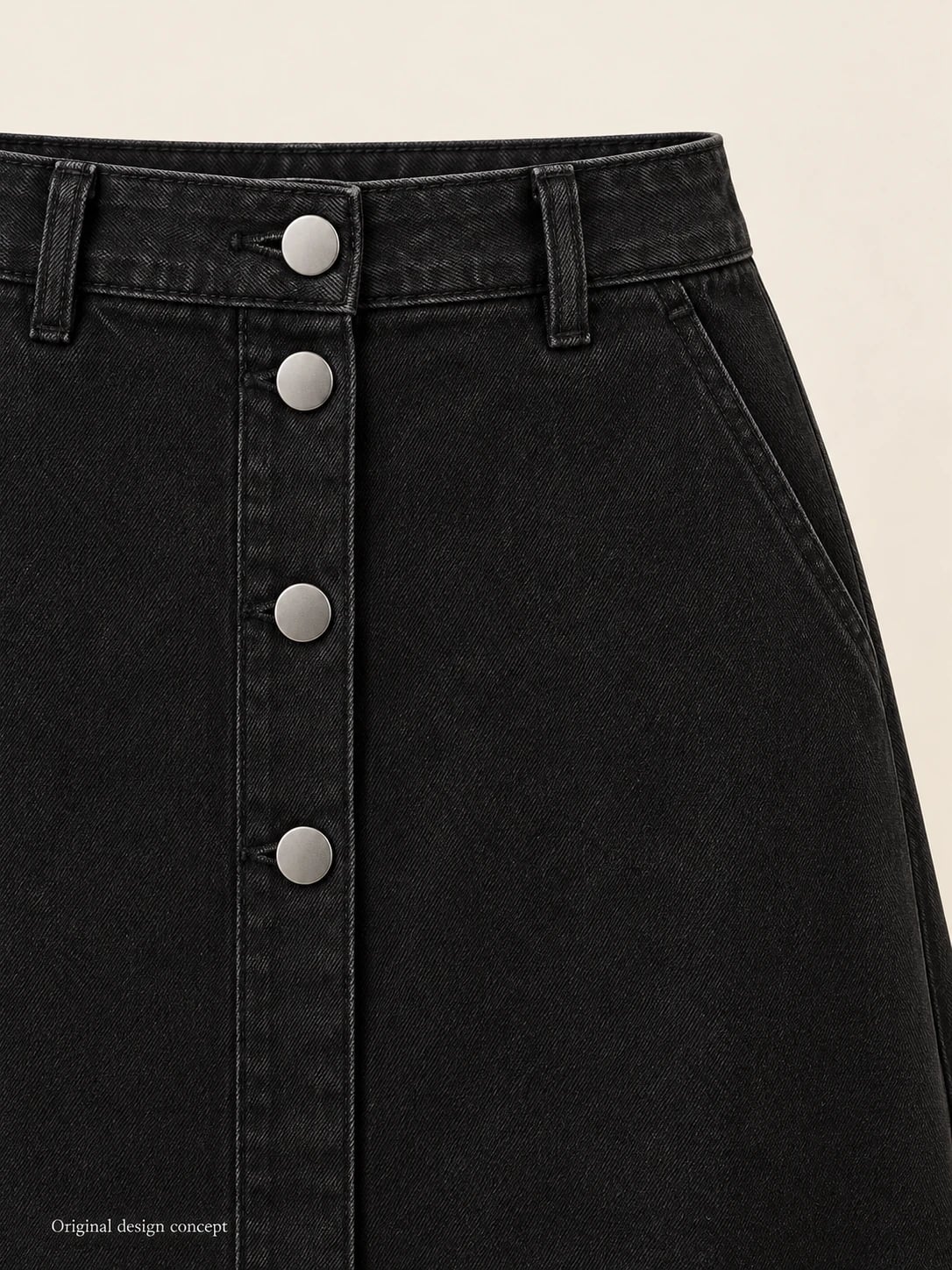 Women’s Black Button-Front A-Line Denim Midi Skirt Development — detail — custom design visualization
