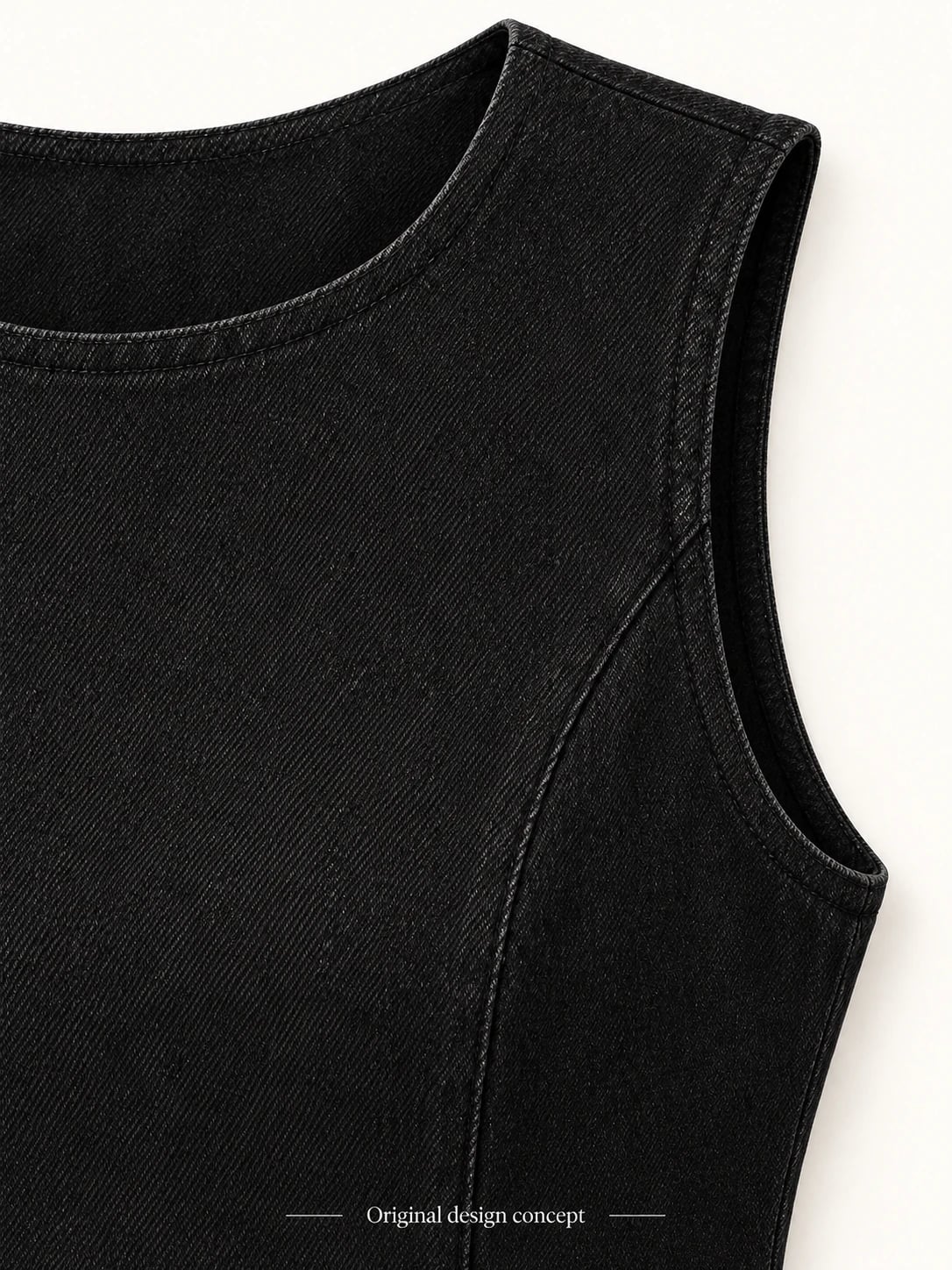 Women’s Black Sleeveless Panel Denim Dress Development — detail — custom design visualization