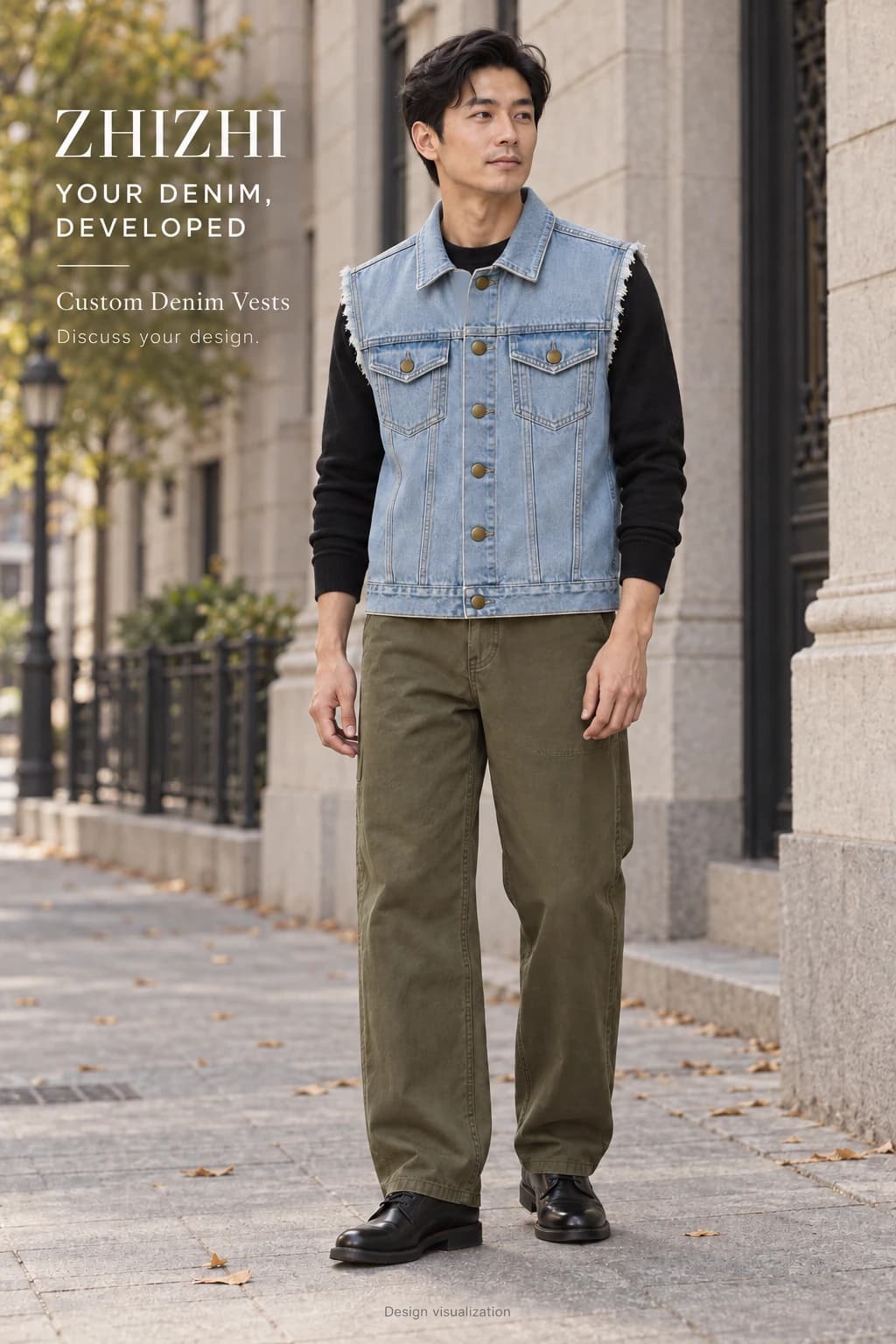 Custom Men's Light Blue Raw-Armhole Denim Vest · AI custom design visualization