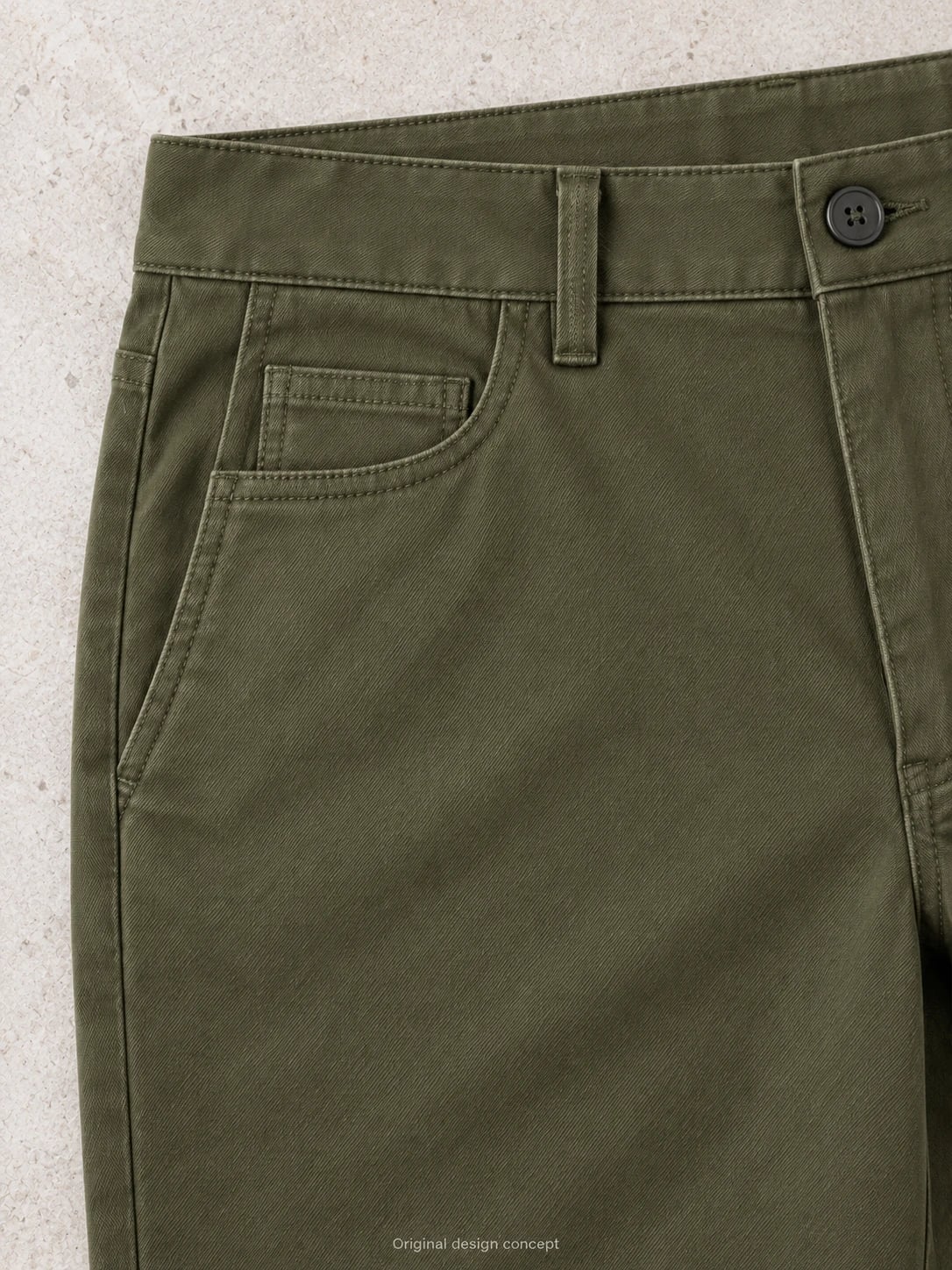 Custom Men’s Olive Five-Pocket Twill Trousers — detail — custom design visualization
