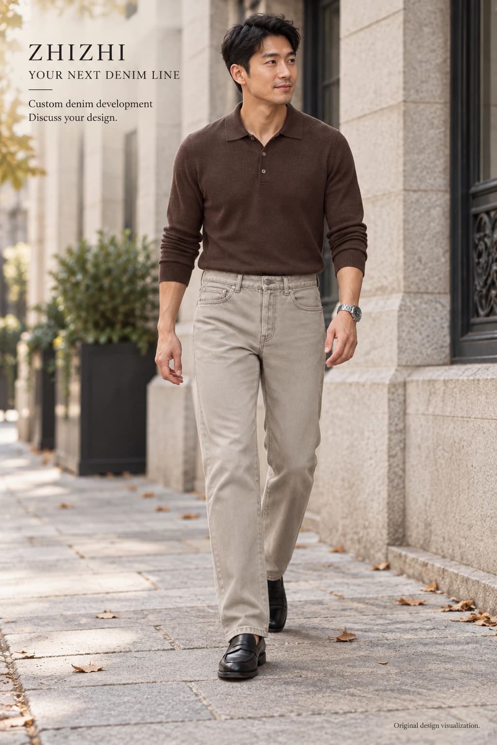 ZHIZHI mens taupe straight leg five pocket jeans — street-front — original design concept