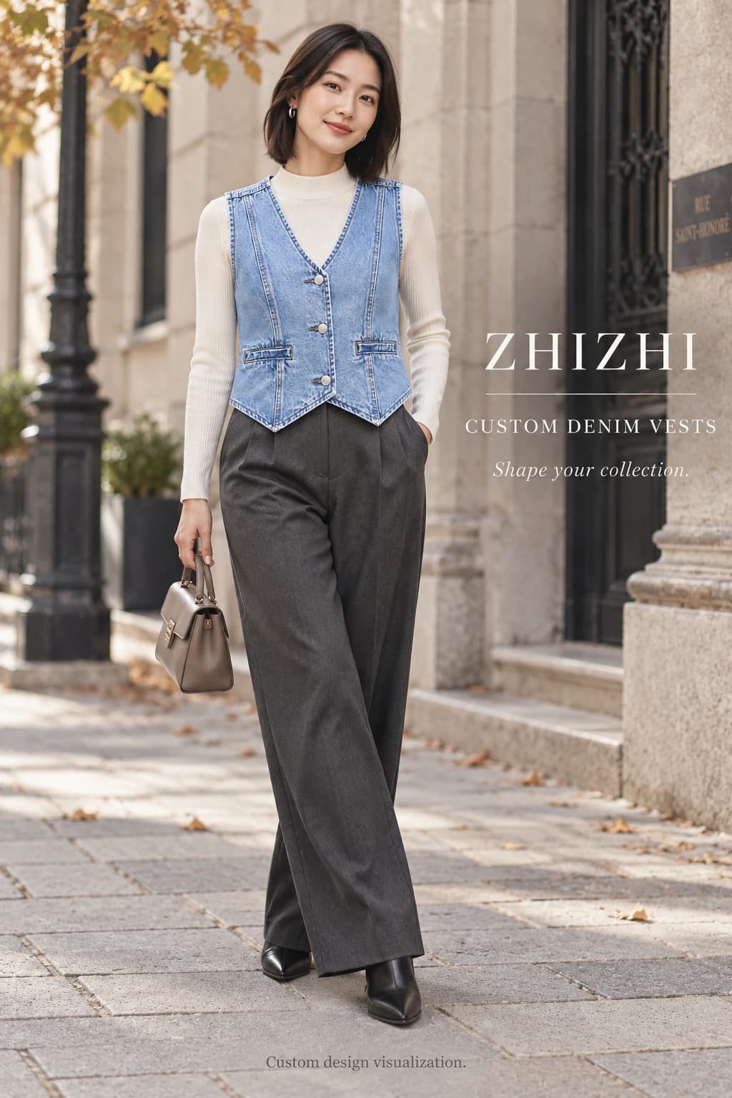Women's blue V-neck three-button cropped denim vest design visualization — street-front — original design concept