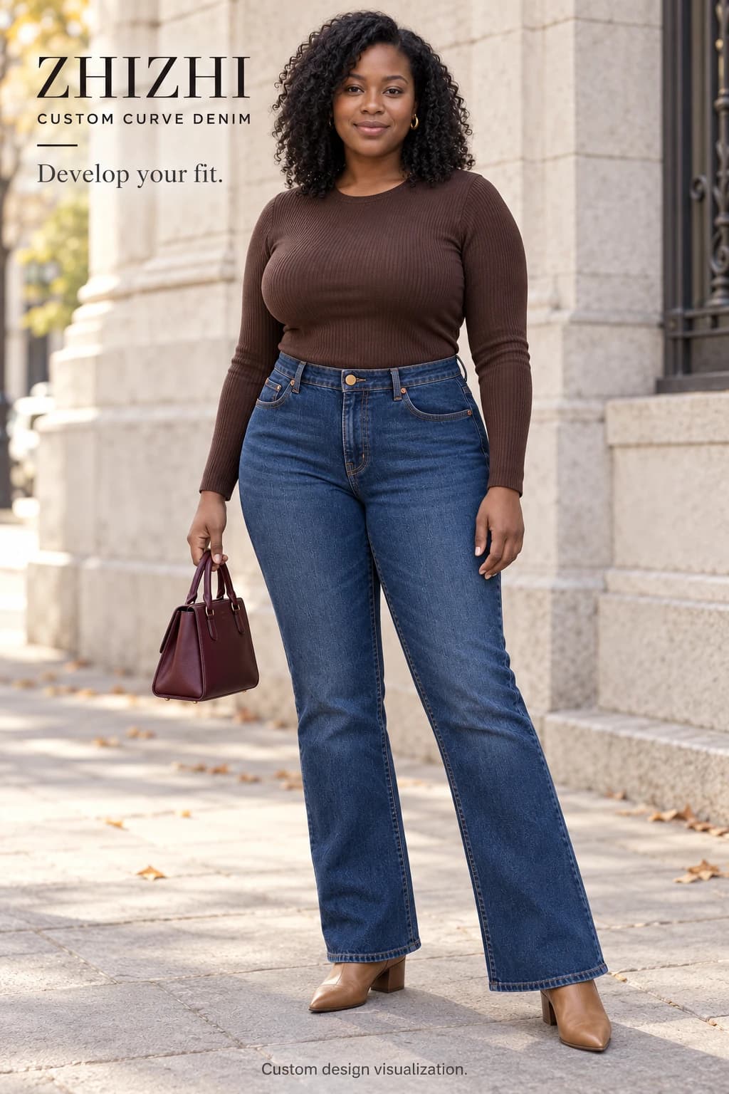 Women's curvy mid-rise indigo bootcut jeans design visualization — street-front — original design concept
