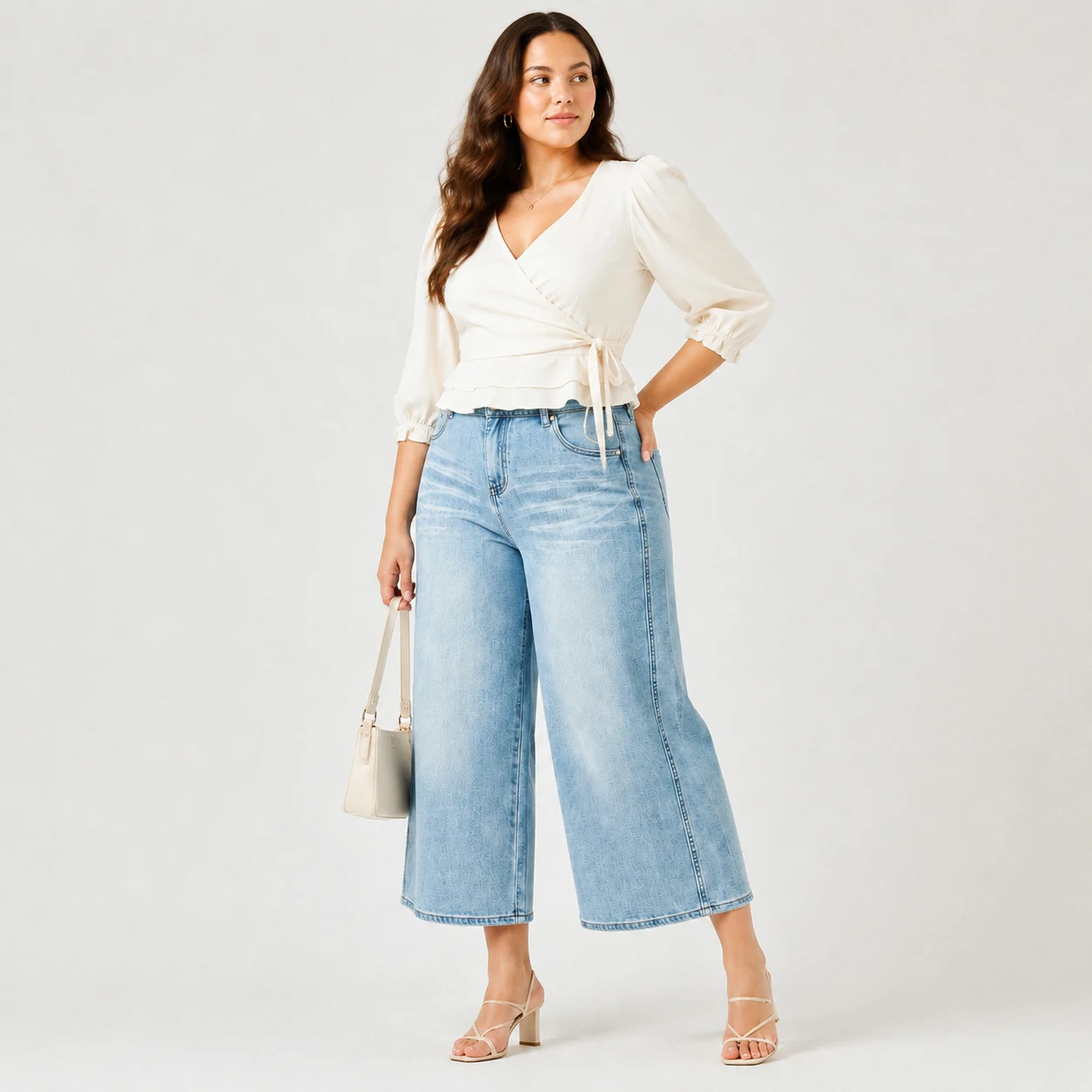 Women's Stretch Wide Leg Capri Jeans High Waist Vintage Textured Denim Pants — product detail 2