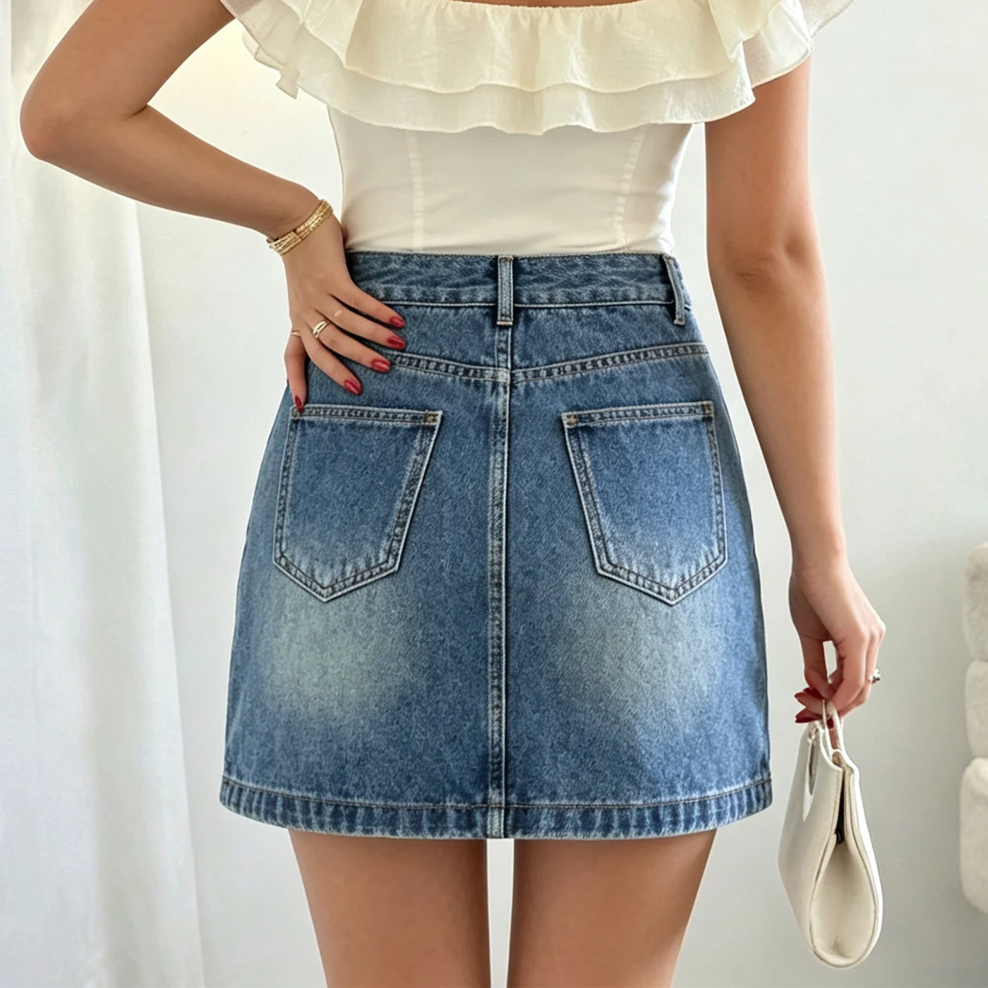 Women's Non-Stretch Denim Cargo Mini Skirt High Waist Washed Multi-Pocket — product detail 2