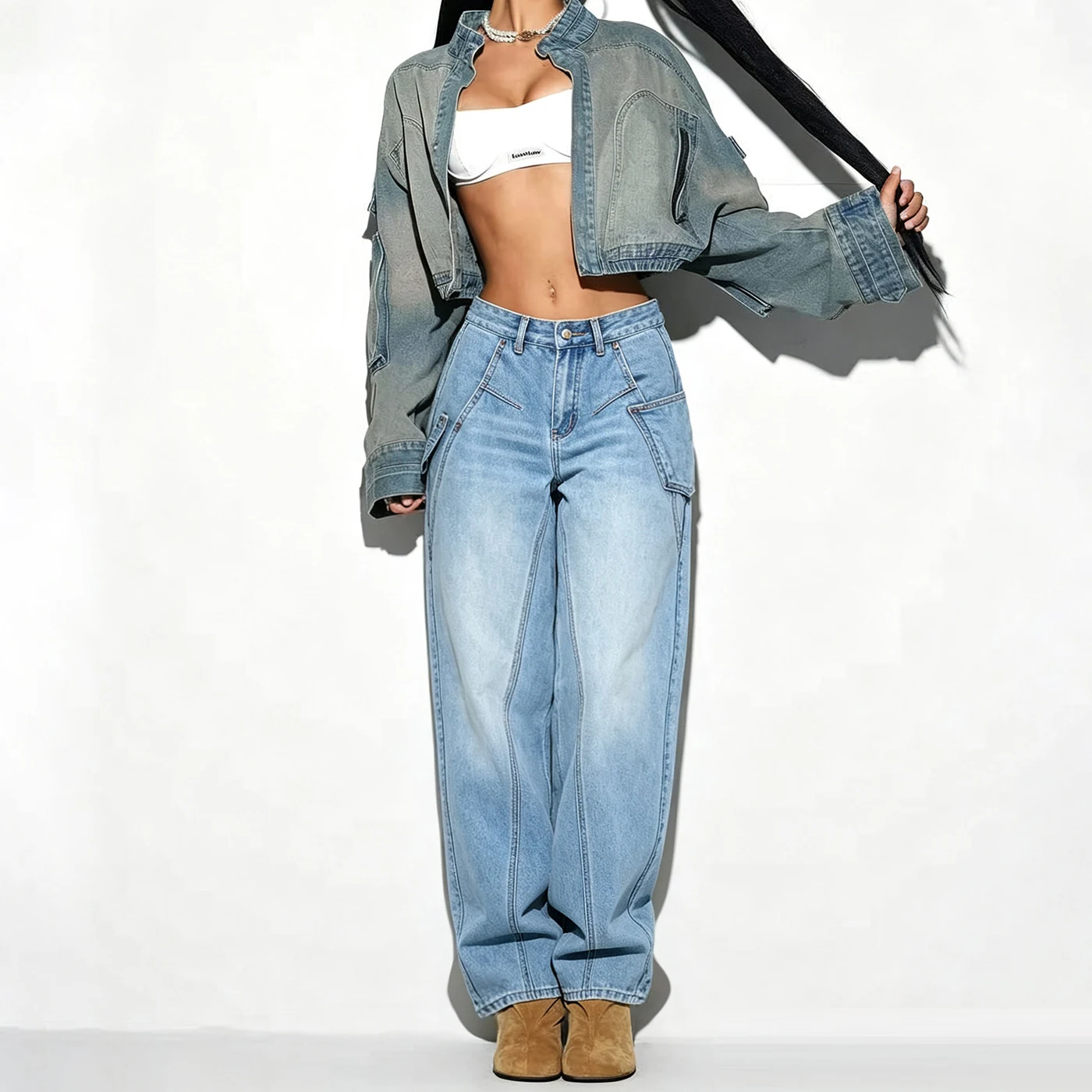 Women's Non-Stretch Cargo Jeans High Waist Textured Denim Pants — product detail 1