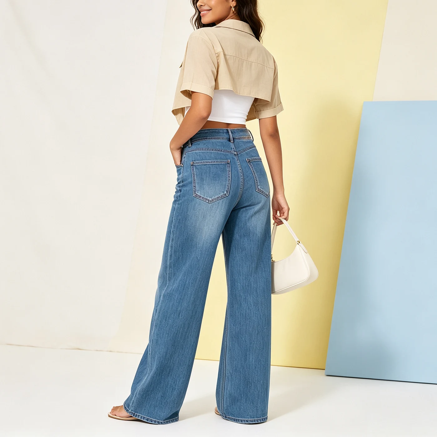 Women's Stretch Straight Leg Jeans Blue Loose Denim Pants — product detail 1